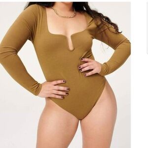 Good American U Ring Bodysuit Sepia Size 2 NWT Long Sleeve Brown